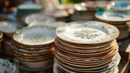 Stacks of vintage plates with floral patterns, displayed at a flea market or antique shop