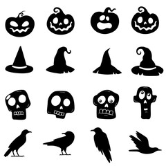  Halloween icons set of patterns. Collection of Halloween symbols, ghosts, skulls, pumpkins. elements on a white background