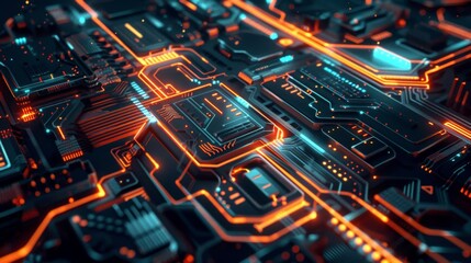 Fototapeta premium Neon Infused Futuristic Circuitry - Dark Abstract Technology Concept with Intricate Design