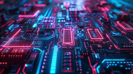 Obraz premium Glowing Circuitry: Futuristic Neon Lights in Dark Abstract Design