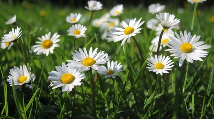 Fototapeta premium Daisies dot the meadow, their simple white petals and yellow centers a cheerful reminder of nature's simplicity.