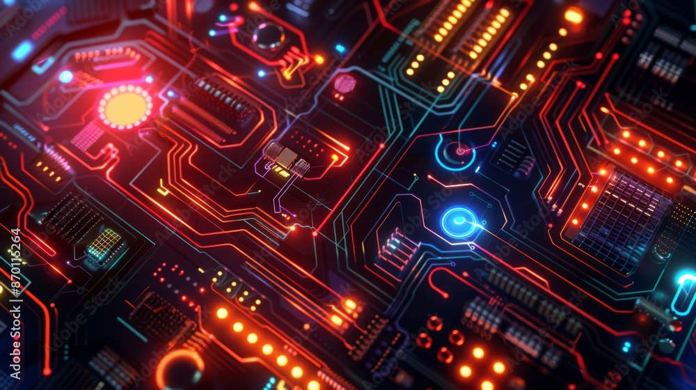Poster illuminated futuristic circuit patterns on dark abstract background