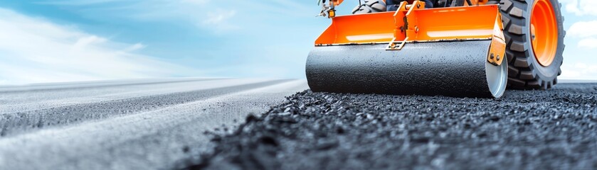 Heavy machinery working on road construction, rolling fresh asphalt on a sunny day, close-up view of the steamroller and new road surface.