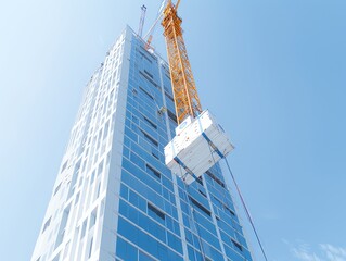 Fototapeta premium High-rise building under construction with yellow crane against clear blue sky. Modern skyscraper development in urban cityscape.