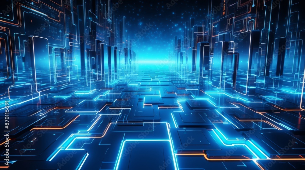 Poster luminous neon circuits in high-tech futuristic design illuminating glowing pathways