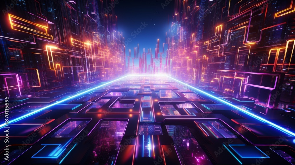 Poster illuminated futuristic pathways: neon circuits in high-tech design