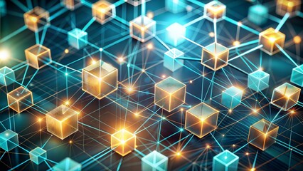 Develop a concept image of blockchain technology, showcasing a network of interconnected nodes and digital transactions represented by glowing data blocks, symbolizing security and transparency