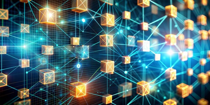 Develop a concept image of blockchain technology, showcasing a network of interconnected nodes and digital transactions represented by glowing data blocks, symbolizing security and transparency