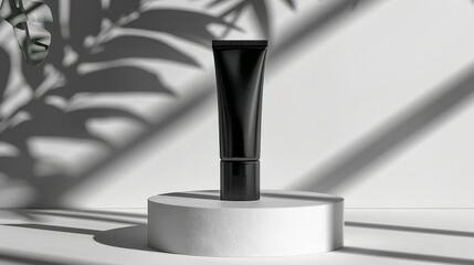 Black cosmetic tube on minimalist podium with shadow, simple aesthetic, white background, illustration background