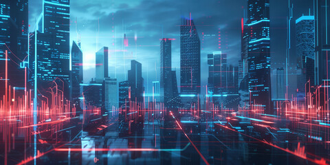 Obraz premium Modern Financial Technology Center with Holographic Interfaces