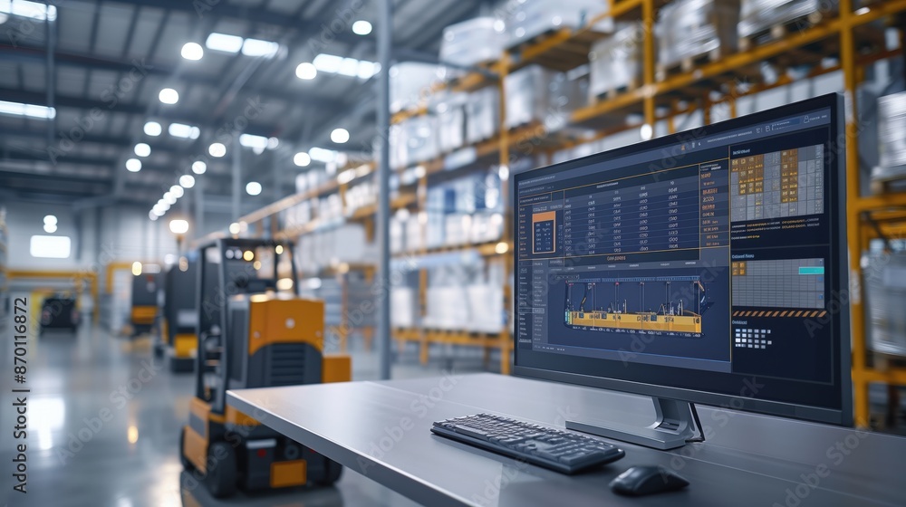 Poster logistics management software interface is shown on a monitor within a busy warehouse, featuring for