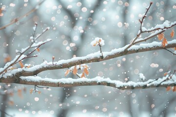 Tree branch with snow and blurred background