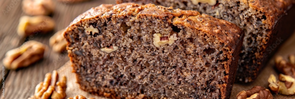 Poster closeup of a slice of moist banana bread made with buckwheat flour and studded with walnuts.