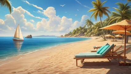 Summer Background Tranquil Beach Scene with Palm Trees and Sailboats Under a Clear Sky