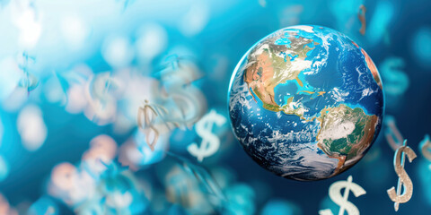 Global Economy Concept with Currency Symbols Orbiting a Globe and Copy Space