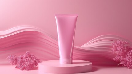 Minimalistic cosmetic tube mockup with abstract shapes, clean design, illustration background