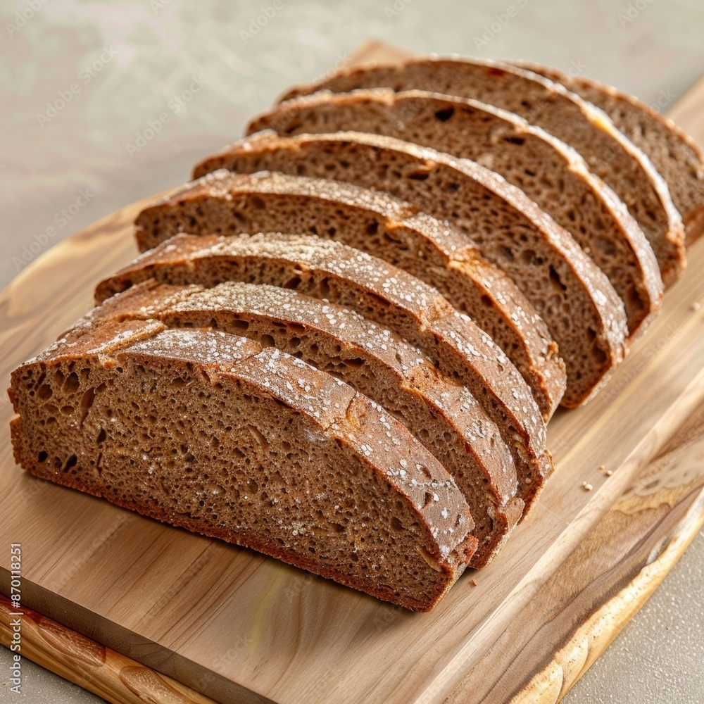 Poster A ting board with several slices of buckwheat bread arranged in a row showing off its airy texture and rustic crust.