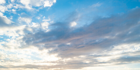 Panoramic sunrise or sunset sky with clouds. Sunset Sky on Twilight in the Evening with Sunset. Cloud Nature Sky Backgrounds. Sky Sunrise, Dusk clouds.