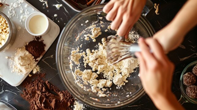 A pair of hands mixing the ingredients for the energy balls in a large mixing bowl.