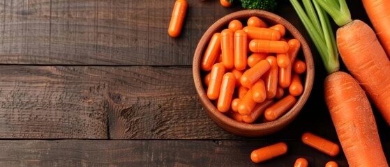 Top view of fresh carrots and baby carrots in a bowl on a wooden table with greens. Healthy and nutritious vegetable snack.