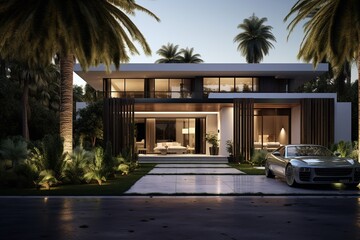 Fototapeta premium A large modern beautiful house, with a beautiful terrace and a well-maintained path in front of the house. The house is at sunset.