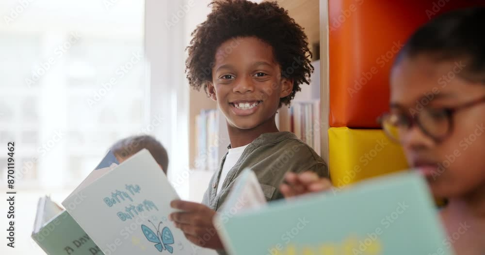 Poster happy, children and reading in classroom together for educational development, group learning and gr