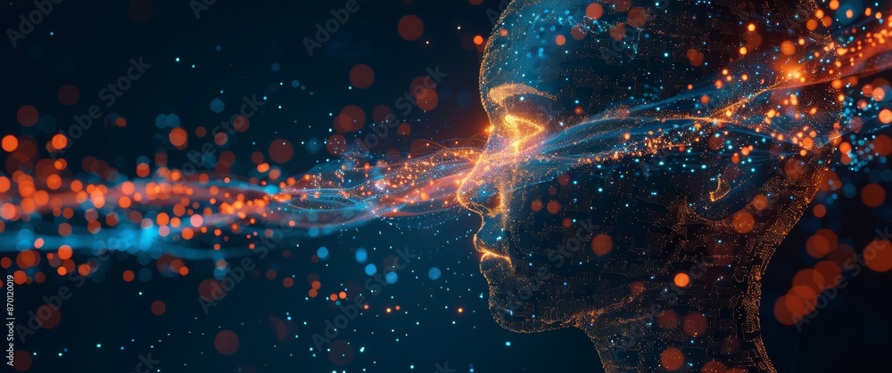 Poster digital human face composed of abstract lines and particles