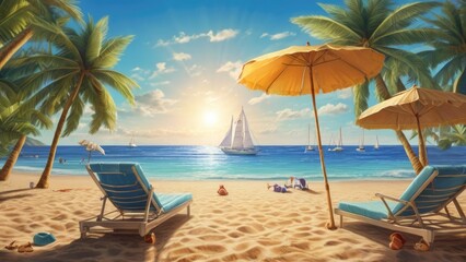 Summer Background Tranquil Beach Scene with Palm Trees and Sailboats Under a Clear Sky