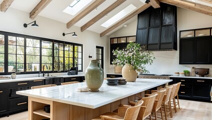 Modern farmhouse kitchen with large island, white oak ceiling beams and skylights, featuring black cabinets and wall-mounted black stovetop and oven.