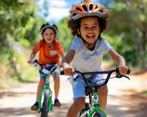 Two young children, smiling and laughing, ride their bikes along a sunny outdoor path, enjoying a fun and active day.