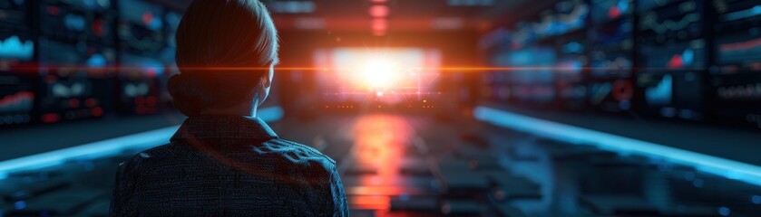 Person Observing a Futuristic Control Room with Multiple Screens and a Bright Light Source