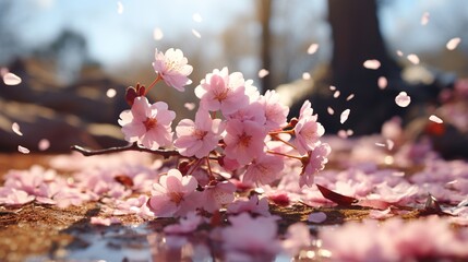 Fototapeta premium a cherry blossom garden nature background with petals falling in the breeze.