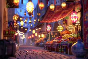 Close up of a vibrant market during Ramadan with lanterns and stalls selling dates and sweets, created by ai