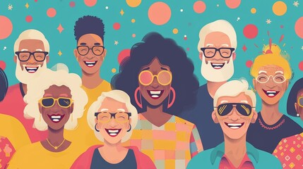 National Senior Citizen Day banner with a diverse group of happy elderly people, celebrating together, colorful and festive.