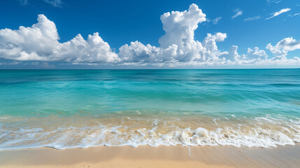 Fototapeta premium Sandy beach meets the clear blue ocean under a bright sky.