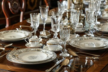 Elegant dining table set with fine china, crystal glasses, and silver cutlery for a formal dinner , created by ai