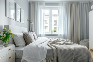 Guest room in an apartment in minimalist style with white and light gray tones , created by ai
