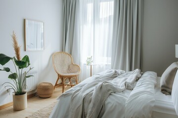 Guest room in an apartment in minimalist style with white and light gray tones , created by ai