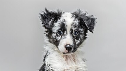 Intense Focus: Adorable Border Collie Puppy with Striking Black and White Fur Sitting Attentively