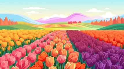  Is this a colorful tulip field nature background with rows of blooming tulips? © Prosanta