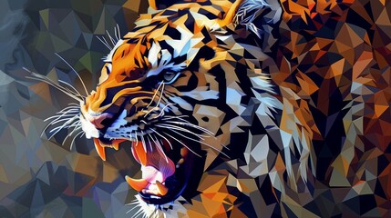 Animation of a low poly art of a roaring tiger in high detail. Animal triangle vector geometric illustration