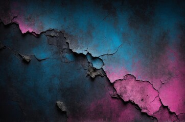 Close-up of abstract weathered wall with cracked texture blue and pink paint background
