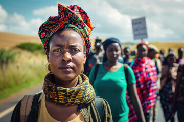 diverse group of change marker women with a black African woman leader at the front facial focus protesting on road determined advocating for a cause & impact inclusion with hair bandana 