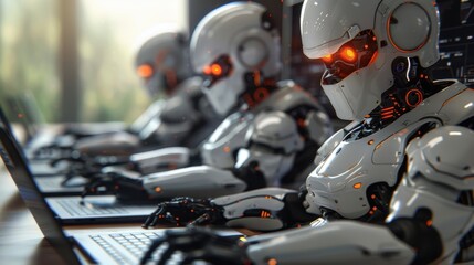 Fototapeta premium Futuristic Robots Working on Laptops in a Modern Office Setting with Advanced Technology and Artificial Intelligence