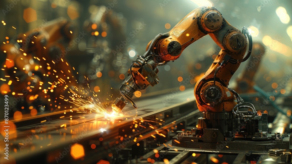 Poster robot is working on a piece of metal, surrounded by sparks. the scene is industrial and has a sense 