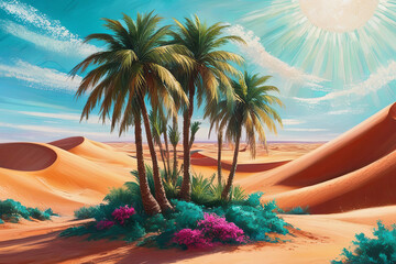 Obraz premium lush palms, golden dunes, cerulean sky, exotic flora, warm and tranquil Sahara scene.