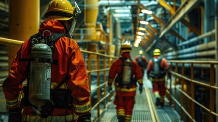 An emergency response team practicing evacuation procedures in an industrial facility, with clear exit routes.