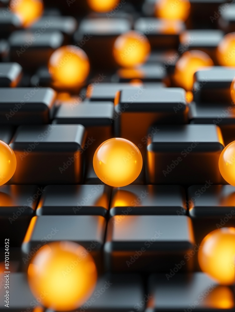 Poster abstract pattern of glowing spheres and black cubes - 3d render.