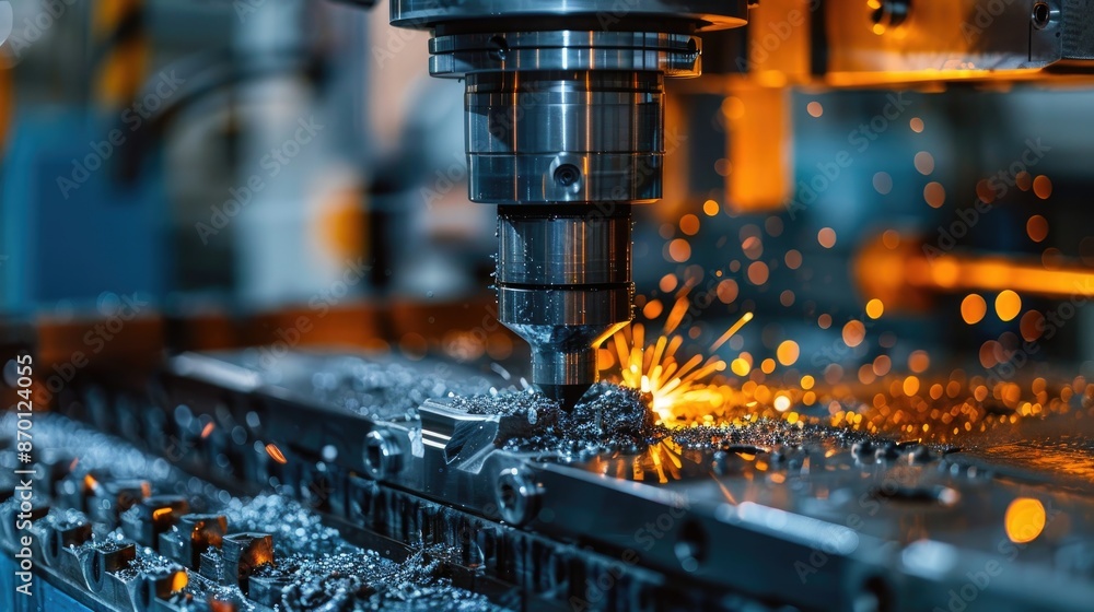 Poster an industrial robot operating a cnc machine, precisely cutting and shaping metal parts in a machine 
