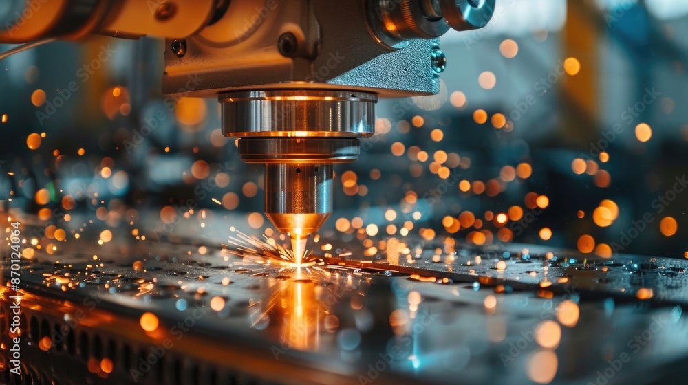 Poster an industrial robot operating a cnc machine, precisely cutting and shaping metal parts in a machine 